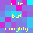 Pixelated of cyan, purple, and magenta squares with yellow text reading 'cute', 'but', and 'naughty' in a repeating pattern