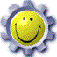 Three identical static smiley face icons arranged in a 2x2 contact sheet with one empty space, each featuring a yellow circular face inside a gear-shaped border on a gray background.