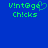 Green pixelated text 'Vintage Chicks' on blue background with a heart symbol replacing the 'o' in 'Vintage' on the left side.
