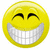 A yellow circular emoji with closed eyes and a wide toothy grin appears next to pixelated text on a yellow background.