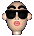 Pixelated cartoon head with black sunglasses, pink lips, and a red earring, cycling through multiple facial expressions and head angles.