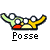 Pixelated icon shows two cartoonish figures with white eyes, green and yellow bodies, red and yellow accents, and outstretched arms above the text 'Posse' on gray background.