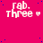 A static image with a bright pink background, scattered blue dots, and repeated white text reading 'rab. three' followed by a small heart symbol.