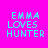 Four identical pixelated text on bright pink background, each displaying 'EMMA LOVES HUNTER' with cyan letters and green horizontal bars covering different lines