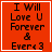 Red square icon with black text reading "I Will Love U Forever & Every 3" and a white border, featuring animated heart and star symbols.