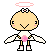 Pixel art angel with pink halo, white wings, and pink flower on chest; two poses show wing positions changing from spread to folded.