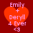 Red background with four identical red heart shapes containing white text and a pink symbol.