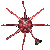 Pixelated red and pink starburst shape with six radiating arms on gray background, one arm ending in green and dark blue pixels.