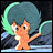 Pixelated orange creature with large eyes and blue-green hair holds a glowing crescent object against a dark background with blue and black tones.
