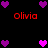 Pixelated red text 'olivia' appears in four positions on a black background, surrounded by purple and pink heart icons.