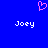 Blue background with pink pixelated heart above two white 'Joey' text labels.
