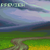 Pixel art landscape with winding dirt path through green fields under cloudy sky, text "PREVIEW" in top-left corner.