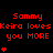 Red pixel text on black background reads "Sammy Keira loves you MORE" with animated heart symbols below each phrase.