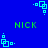 Blue background with green text 'NICK' and cyan square-based pixel art icons scattered across the image.