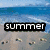 A four- beach scene with 'summer' text and '08' clock, showing palm trees, ocean waves, sandy shore, and a bright sky