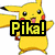 Yellow cartoon character with red cheeks and black-tipped ears stands with arms outstretched, mouth open, and text overlay reading "Pika!" in yellow letters on black background.