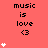 Red background with black text 'music is love <3' repeated across the image, white heart symbols in vertical , and a gray rectangular area in the bottom right corner
