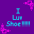Pixelated text 'I Luv Shoe!!!!!!' in cyan on purple background with pink square corner accents, repeated in a pattern