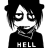 Black-and-white pixel art icon of a character with messy hair, wide eyes, and a large grin wearing a shirt labeled "HELL".