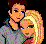 Pixelated cartoon-style icon of two characters in close embrace against black background, rendered with dithering and limited color palette.
