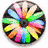 A circular icon with multicolored radial segments in green, blue, yellow, pink, and brown on a black background.