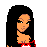 Pixel art of a female character with long black hair, red crop top, and blue jeans in multiple poses.