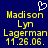 Pixelated yellow text on dark blue background with white heart symbol above, showing name and date information.