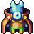Pixel art character with large blue eye, light blue horns, orange and yellow limbs, green pants, dark cape, and gold necklace on gray background.