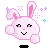 Pixelated pink bunny with long ears, closed eyes in some frames, and small black mouth; surrounded by purple and blue sparkles on gray background.