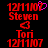 Red pixelated text and symbols on black background with a pink heart symbol above 'Steven' in the left