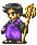 Pixel art character in purple robe holding golden staff with orange and white details, four poses showing head turned left to right.