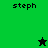 Green and black pixelated icon with 'steph' text, featuring a black star on green background and a green star on black background.
