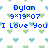 Pixelated blue text reads 'Dylon 9x19x07 I Love You' over a white background with scattered green and cyan heart shapes.