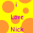 Yellow background with orange circles, purple text 'i', 'Love', and 'Nick' arranged in a pattern