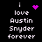 Black background with white pixelated text reading "i love Austin Snyder forever" and animated purple pixel symbols changing across frames.
