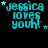 Cyan text reading "jessica loves youh!" with scattered cyan stars on a black background, displayed in a of nine identical frames