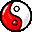 Four red-and-white yin-yang symbols arranged in a , each with black outlines and small circular details