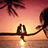 A pixelated image of two silhouetted figures sitting on a beach at sunset with palm trees, overlaid by bright pink text reading "I Can't Believe I Fell in Love. I did it.".