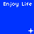 Blue background with repeated 'Enjoy Life' text and animated white symbols including plus signs, stars, dots, and an X.