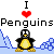 Pixel art icon showing 'I' above a red heart symbol, followed by the word 'Penguins', with a penguin character standing on blue ice blocks.