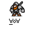Animated contact sheet of a pixel-art character with orange beard and gray armor holding a sword, showing multiple frames including text bubbles and action poses against gray background.