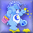 Pixelated blue Care Bear character with yellow accents and a crescent moon symbol on its belly, holding pink flowers against a purple background with scattered yellow stars.