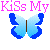 Four pixelated butterfly icons arranged in a 2x2 grid with pink text repeating "KiSs My" above each row on a gray background.