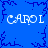 Blue background with dark blue branching patterns and four instances of the text 'CAROL' in white pixelated font.
