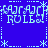 Blue background with light blue pixelated text and symbols arranged in a pattern, featuring repeated 'RULE' text and asterisk-like shapes