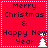 Red square icon with white dotted border displaying "Merry Christmas & Happy New Year" text and a small white tree, showing animation where the tree's position shifts between top-right and bottom-left corners.