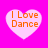 Four heart-shaped icons with orange text "I Love Dance" on a bright pink background, each heart rendered in a pixelated style.