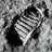 Black-and-white pixelated image showing a footstep on the moon's surface with overlaid text about sky limits and footprints.