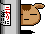 Pixelated cartoon cow head with closed eyes and a flat mouth, positioned next to vertical signs displaying red Japanese characters on white backgrounds.
