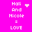 A bright pink background displays two identical text-based animations with 'Holi And Nicole = LOVE' and pixelated heart or star symbols changing between frames.